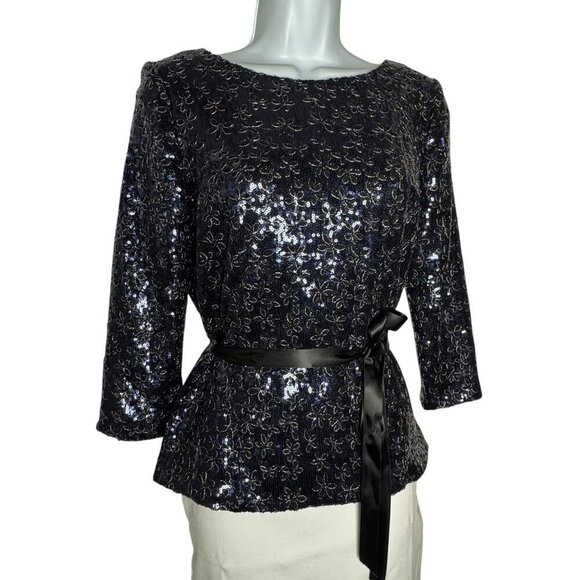 Alex Evenings Navy Blue Sequin Floral Top 3/4 Sleeves Size Small NWT - Picture 6 of 11